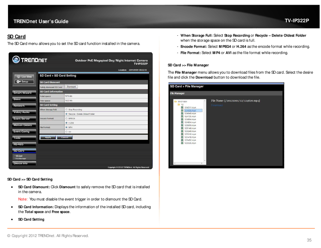 TRENDnet TVIP322P manual SD Card SD Card Setting,  SD Card Setting, SD Card File Manager 