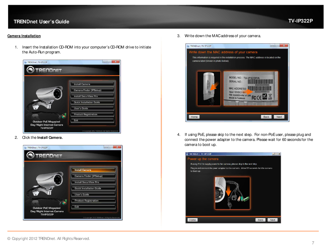 TRENDnet TVIP322P manual Camera Installation, Click the Install Camera 