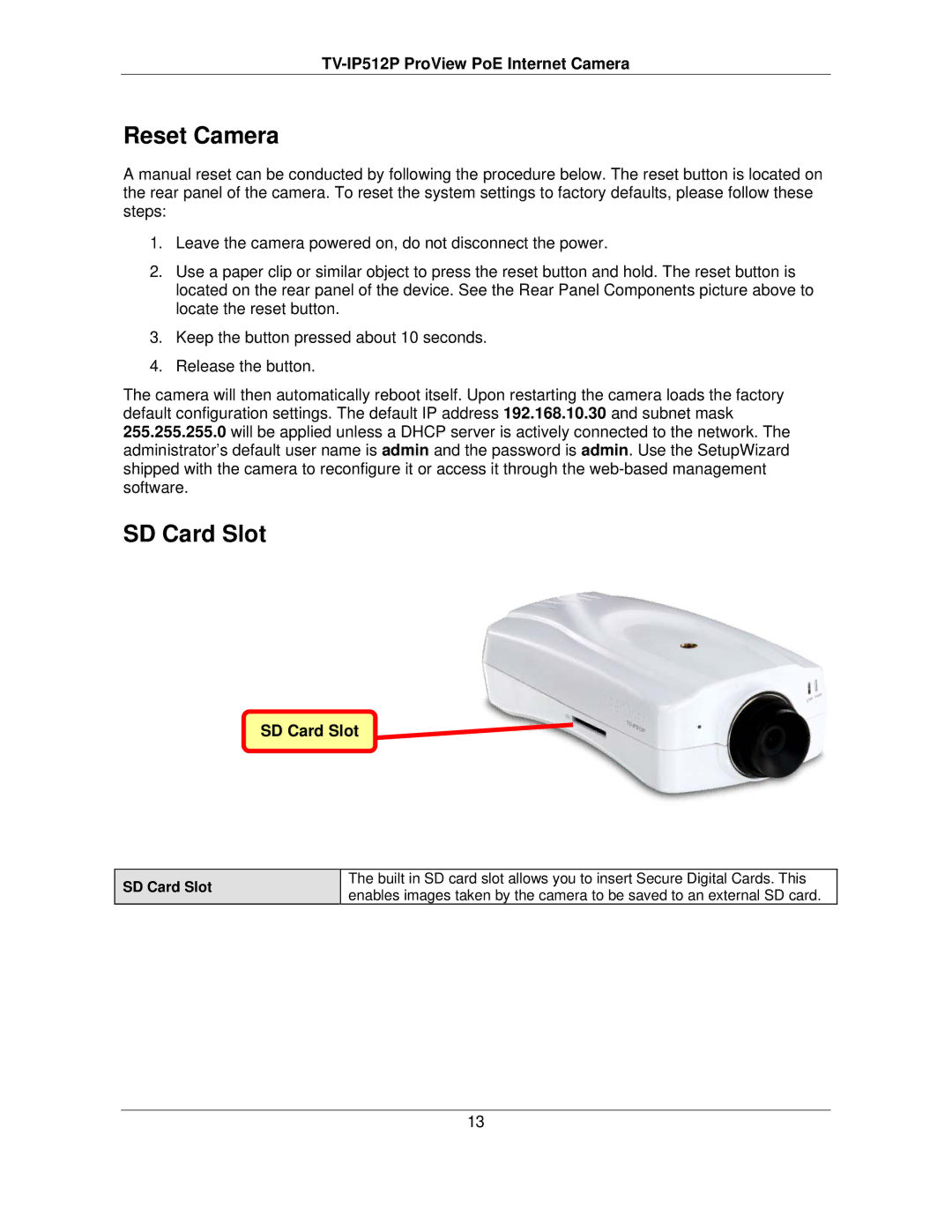 TRENDnet TVIP512P manual Reset Camera, SD Card Slot 