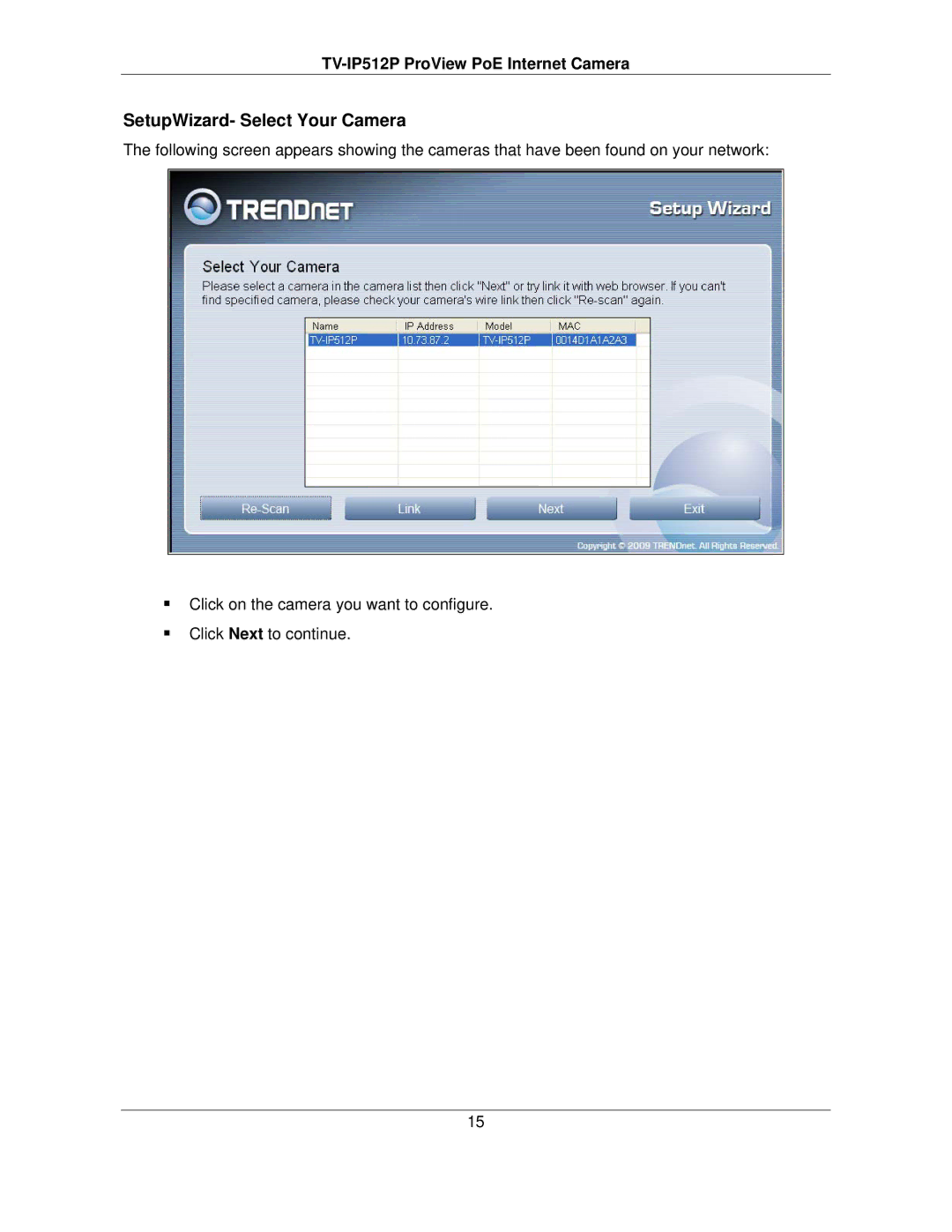 TRENDnet TVIP512P manual SetupWizard- Select Your Camera 