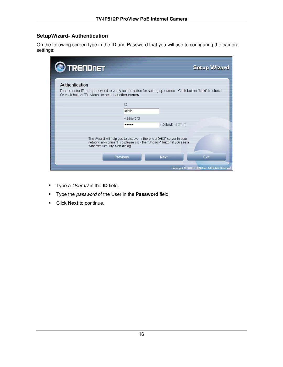 TRENDnet TVIP512P manual SetupWizard- Authentication 