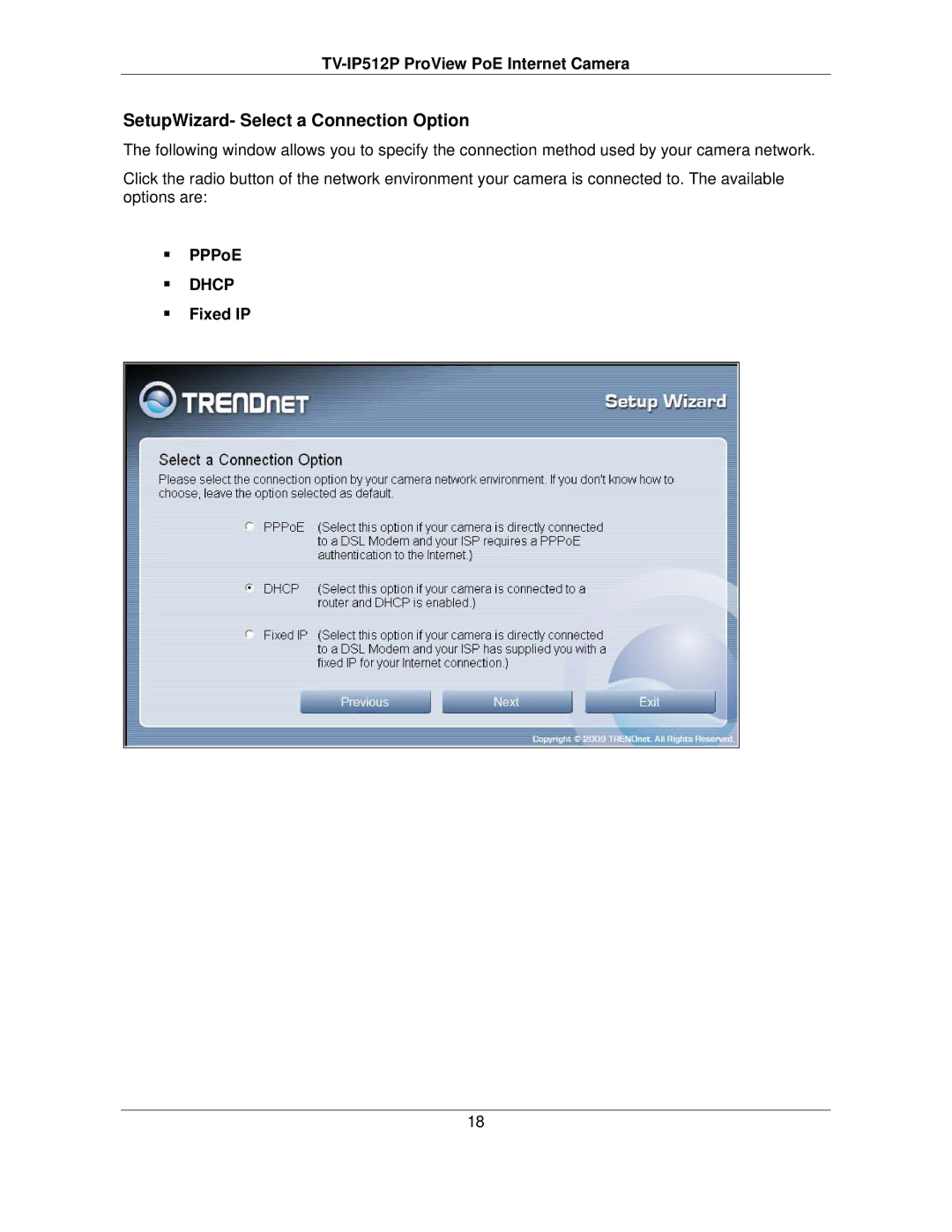 TRENDnet TVIP512P manual SetupWizard- Select a Connection Option, ƒ PPPoE, ƒ Fixed IP 