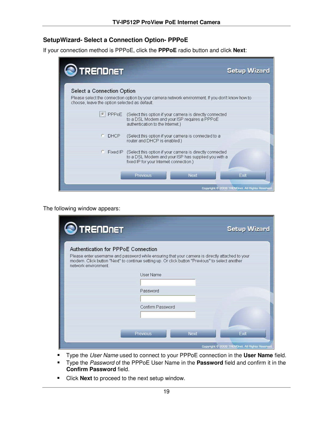 TRENDnet TVIP512P manual SetupWizard- Select a Connection Option- PPPoE 