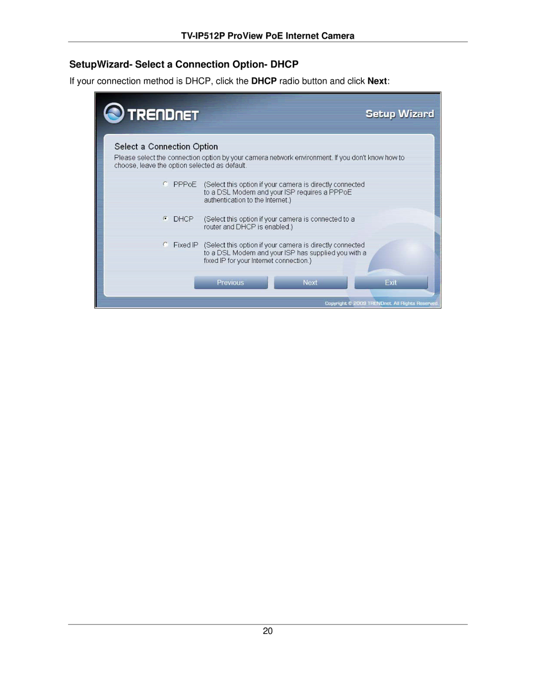 TRENDnet TVIP512P manual SetupWizard- Select a Connection Option- Dhcp 