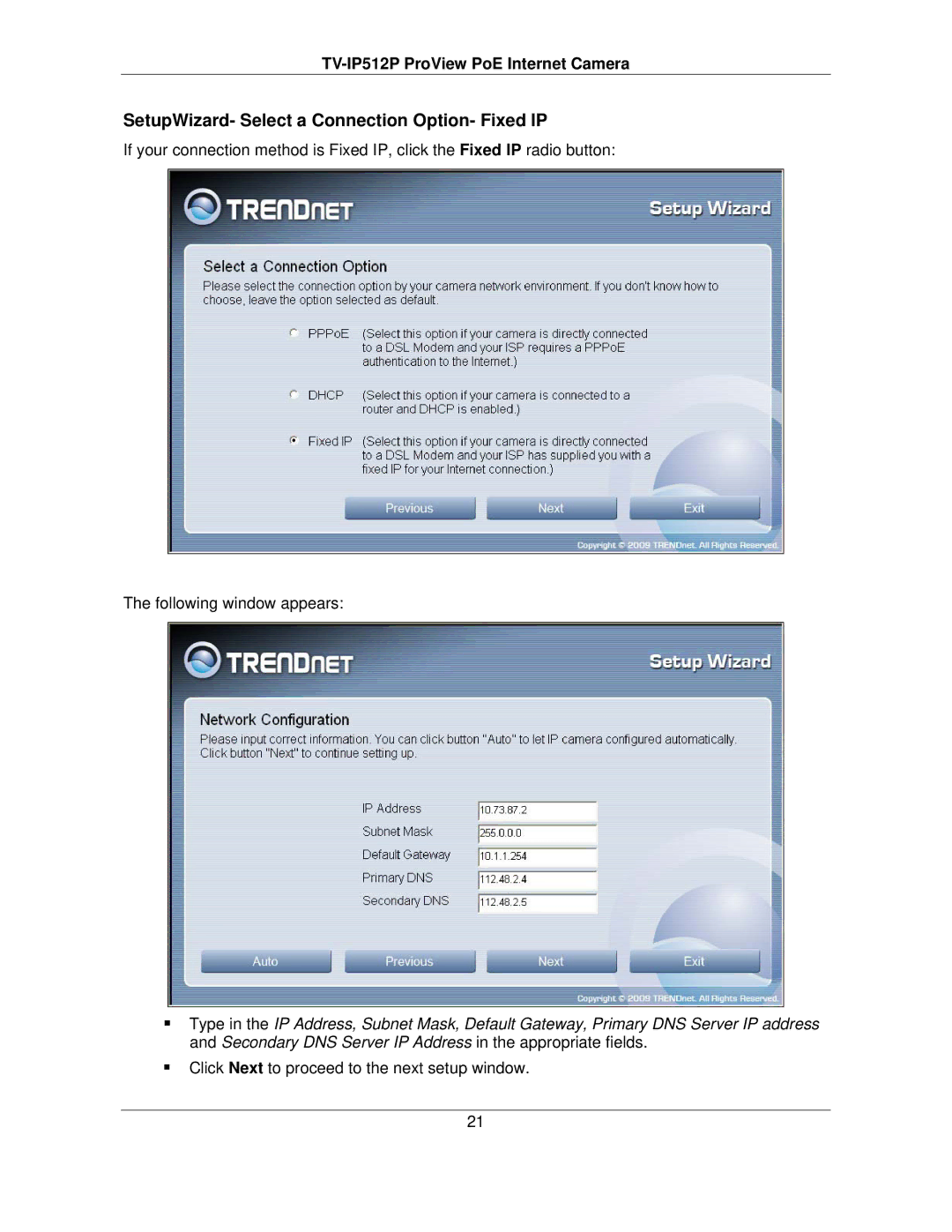 TRENDnet TVIP512P manual SetupWizard- Select a Connection Option- Fixed IP 