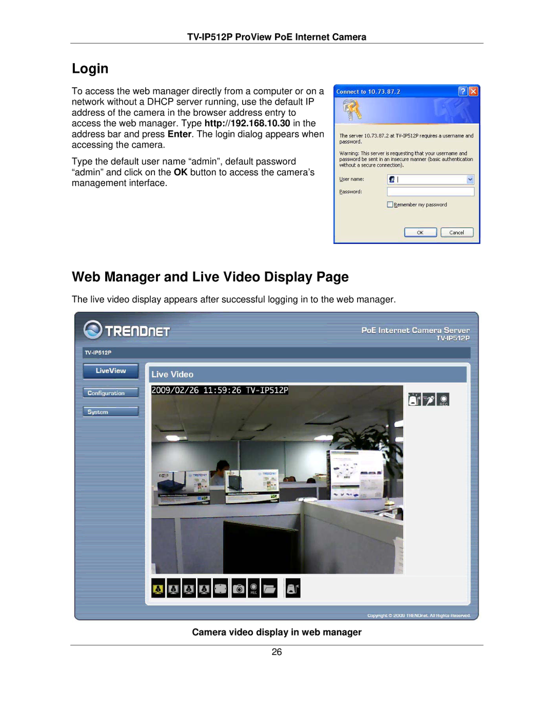 TRENDnet TVIP512P manual Login, Web Manager and Live Video Display, Camera video display in web manager 