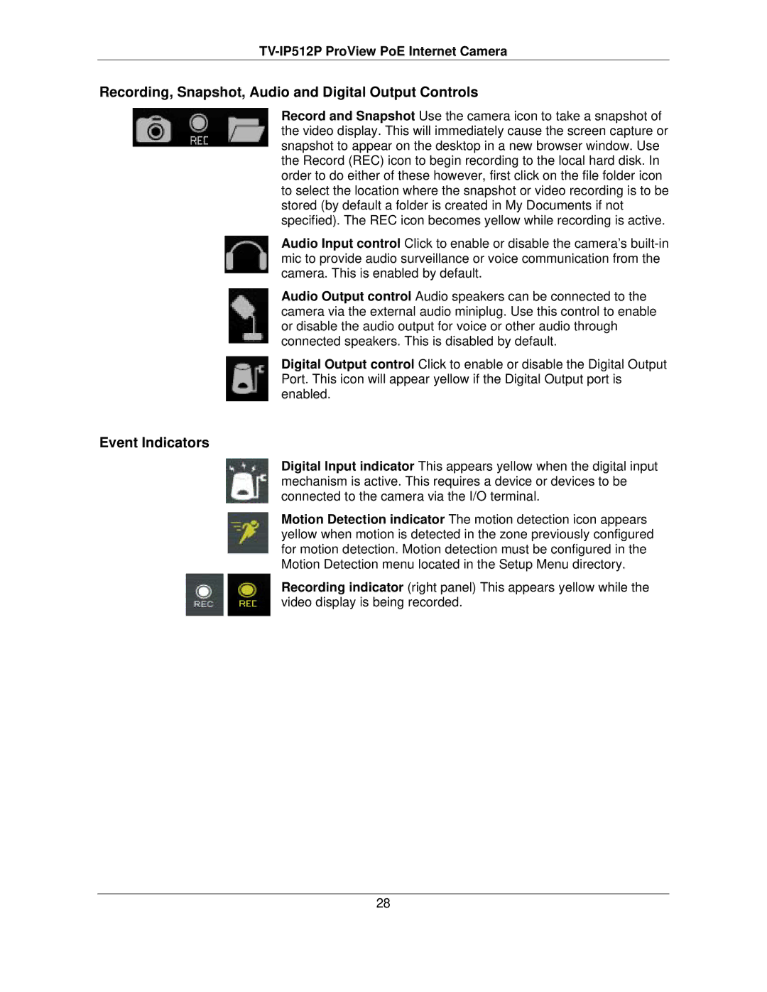 TRENDnet TVIP512P manual Recording, Snapshot, Audio and Digital Output Controls, Event Indicators 