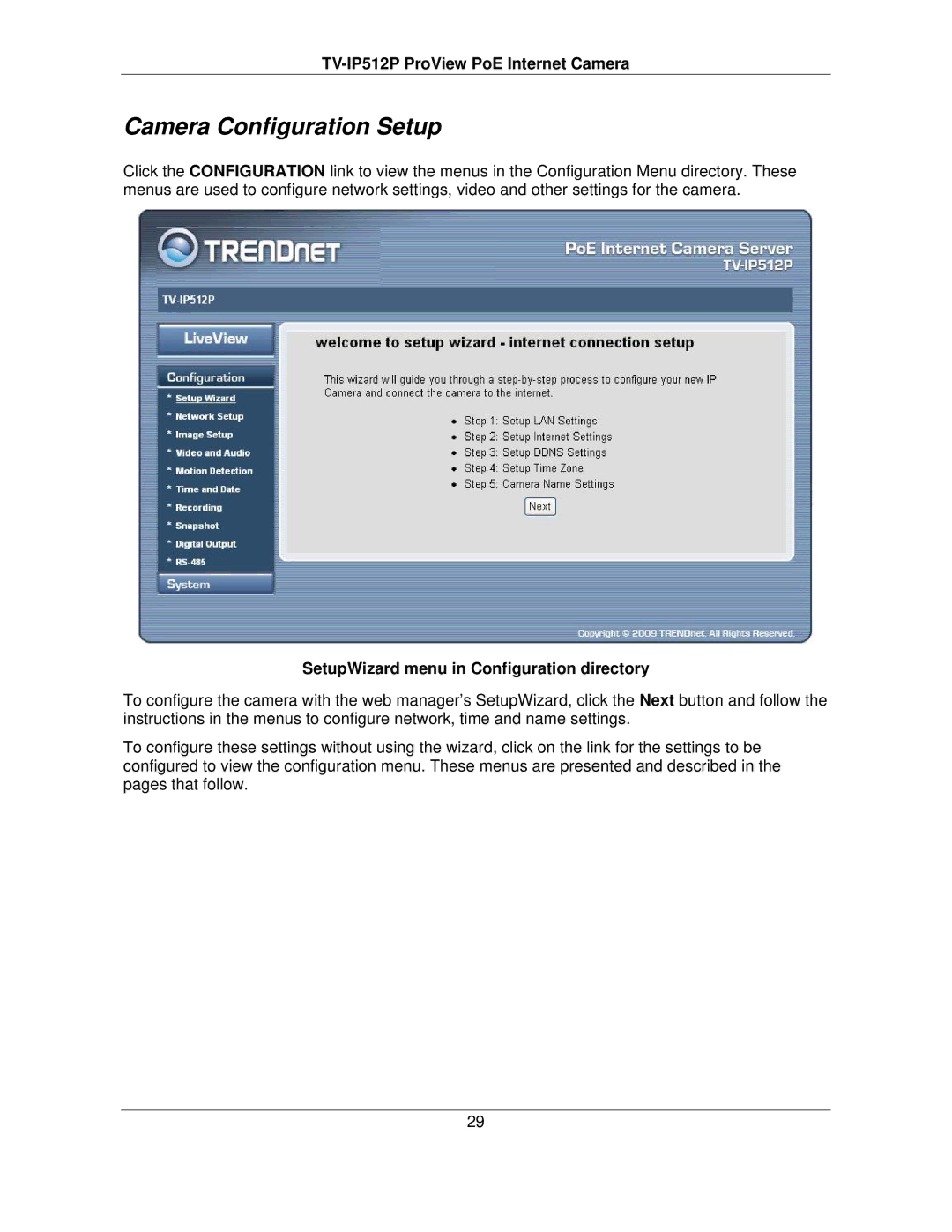 TRENDnet TVIP512P manual Camera Configuration Setup, SetupWizard menu in Configuration directory 