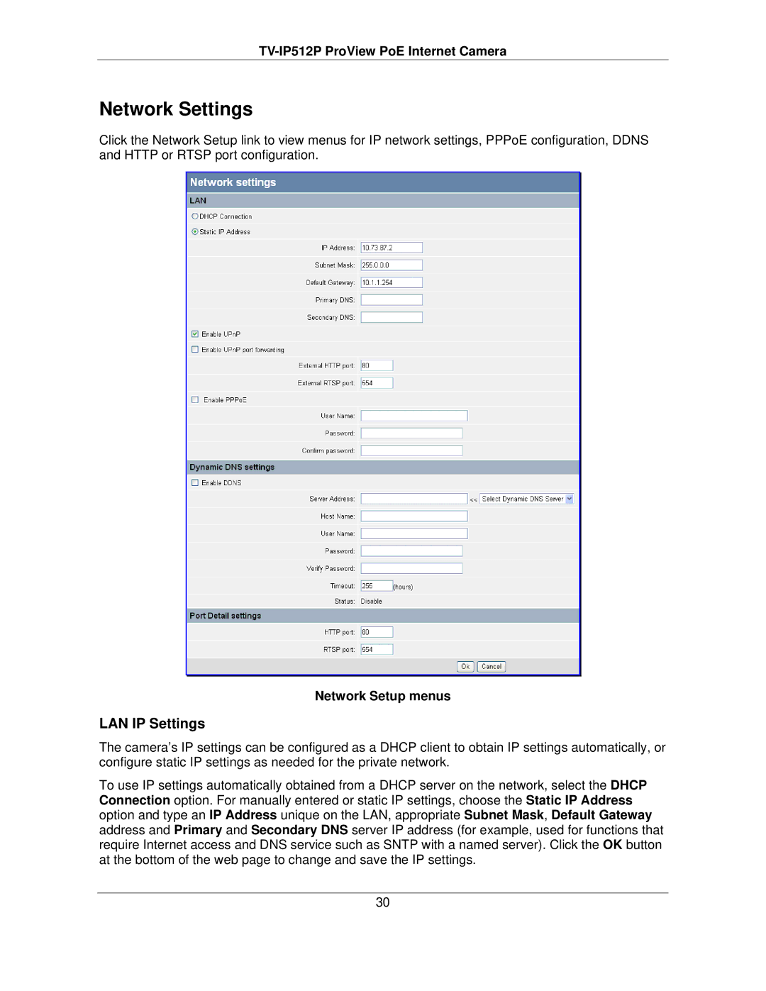 TRENDnet TVIP512P manual Network Settings, LAN IP Settings, Network Setup menus 