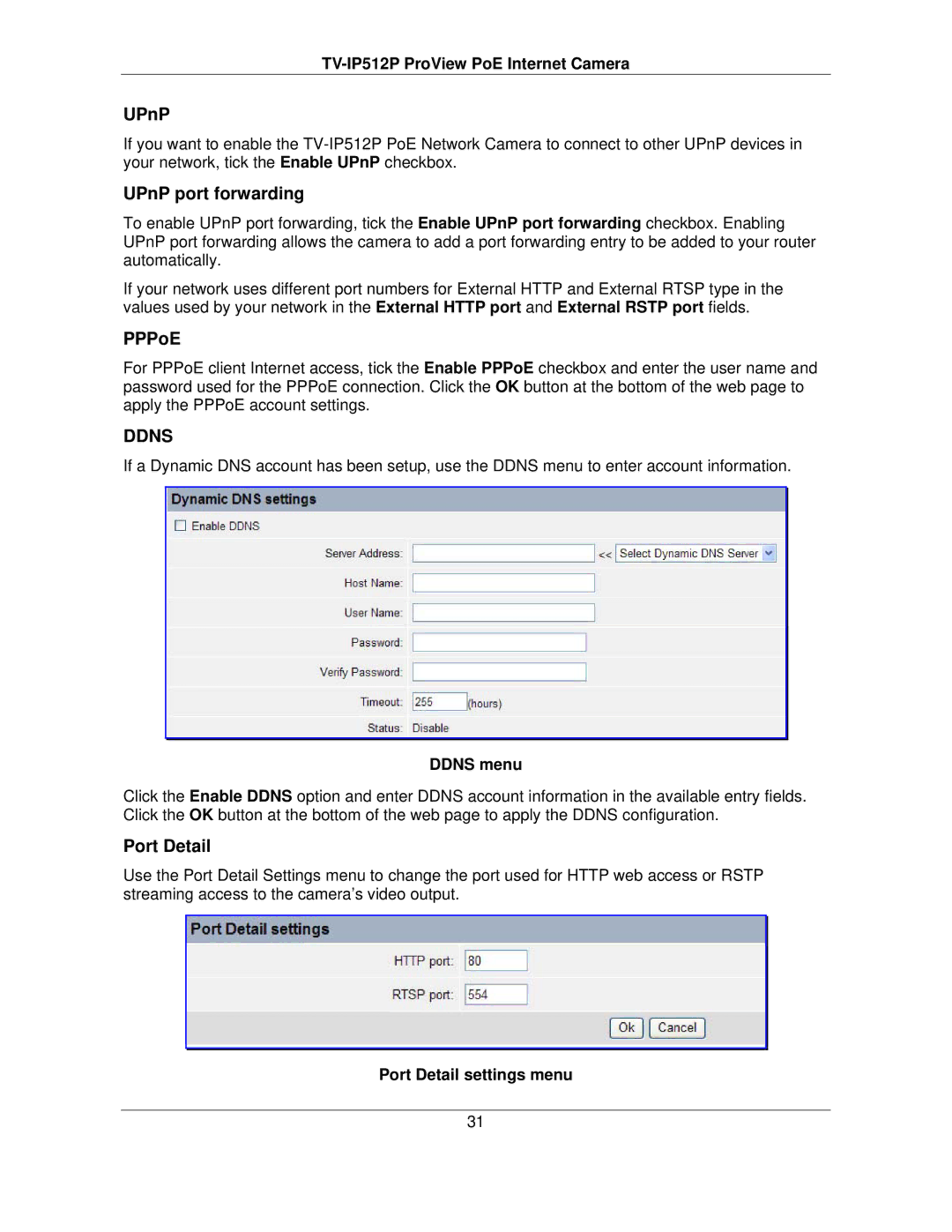 TRENDnet TVIP512P manual UPnP port forwarding, PPPoE, Port Detail 