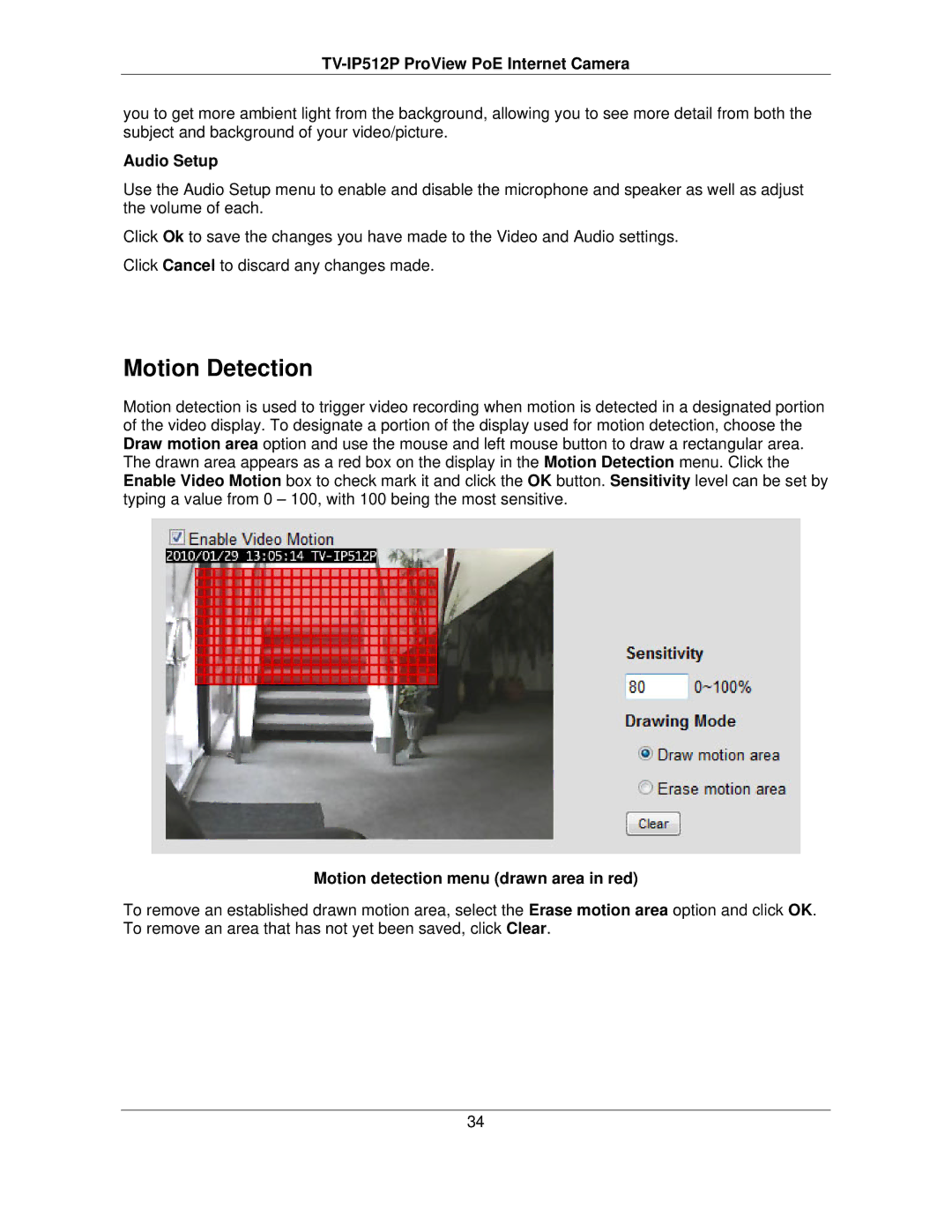 TRENDnet TVIP512P manual Motion Detection, Audio Setup, Motion detection menu drawn area in red 