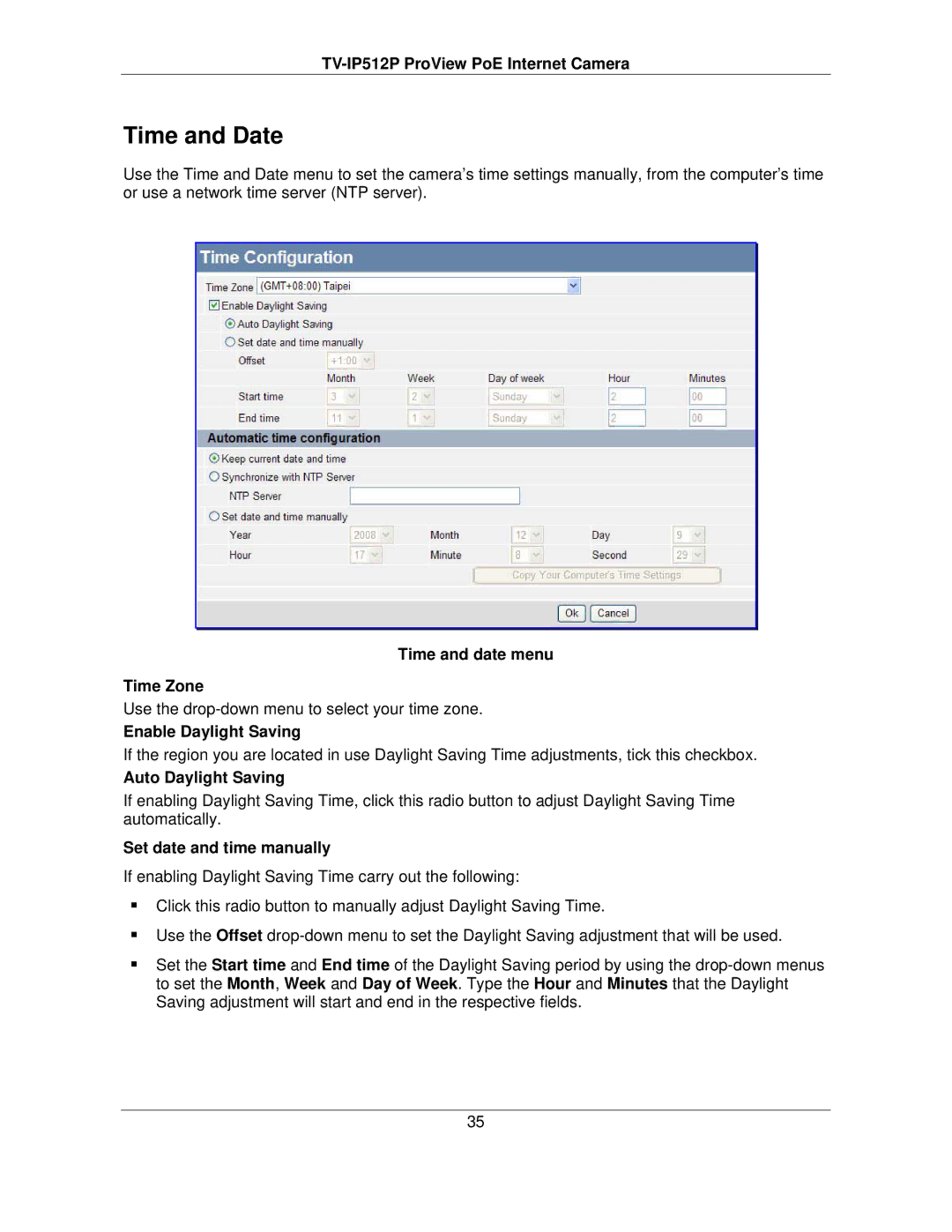 TRENDnet TVIP512P manual Time and Date, Time and date menu Time Zone, Enable Daylight Saving, Auto Daylight Saving 