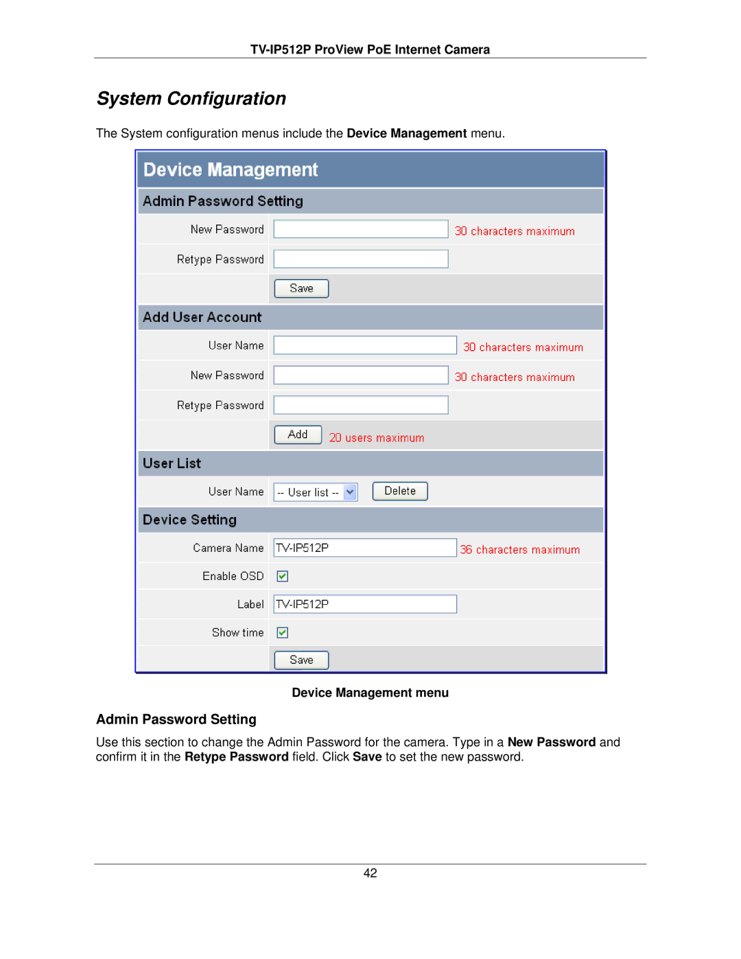 TRENDnet TVIP512P manual Admin Password Setting, Device Management menu 