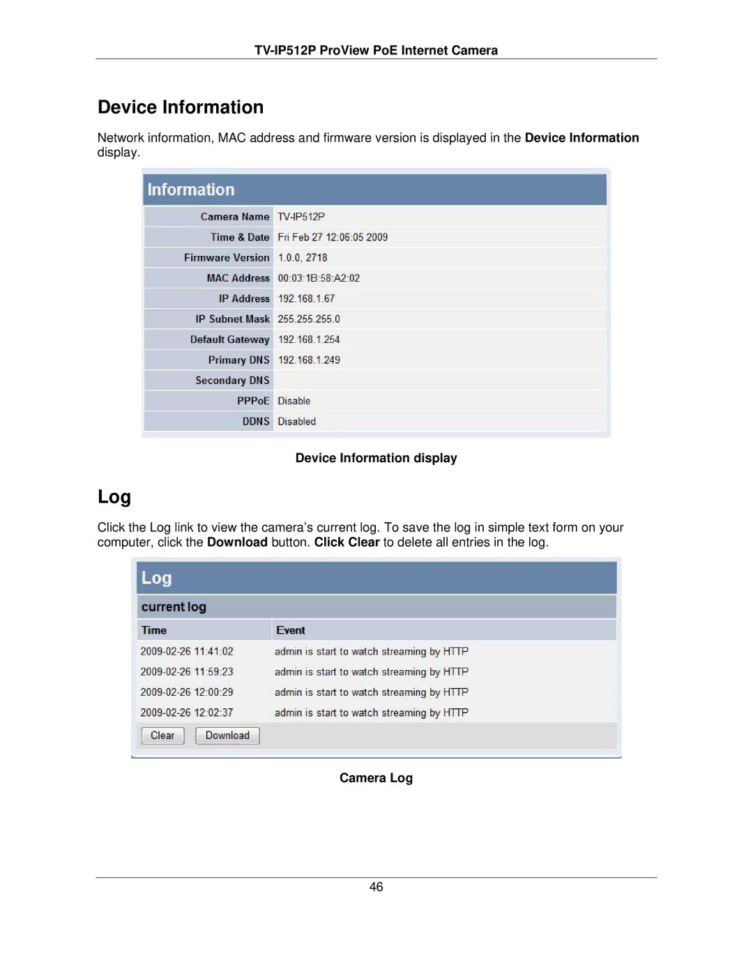 TRENDnet TVIP512P manual Device Information display, Camera Log 