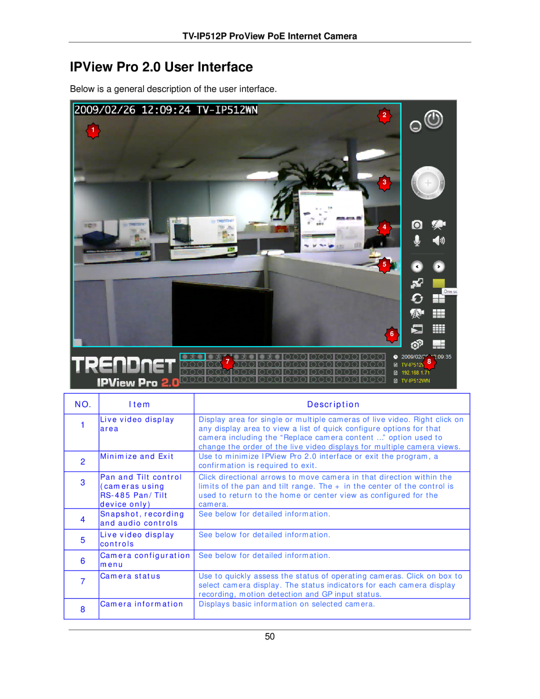 TRENDnet TVIP512P manual IPView Pro 2.0 User Interface, Below is a general description of the user interface 