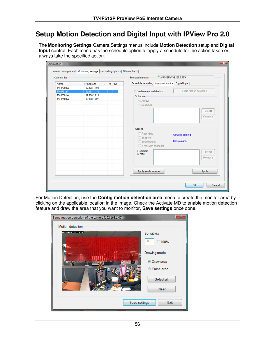 TRENDnet TVIP512P manual Setup Motion Detection and Digital Input with IPView Pro 