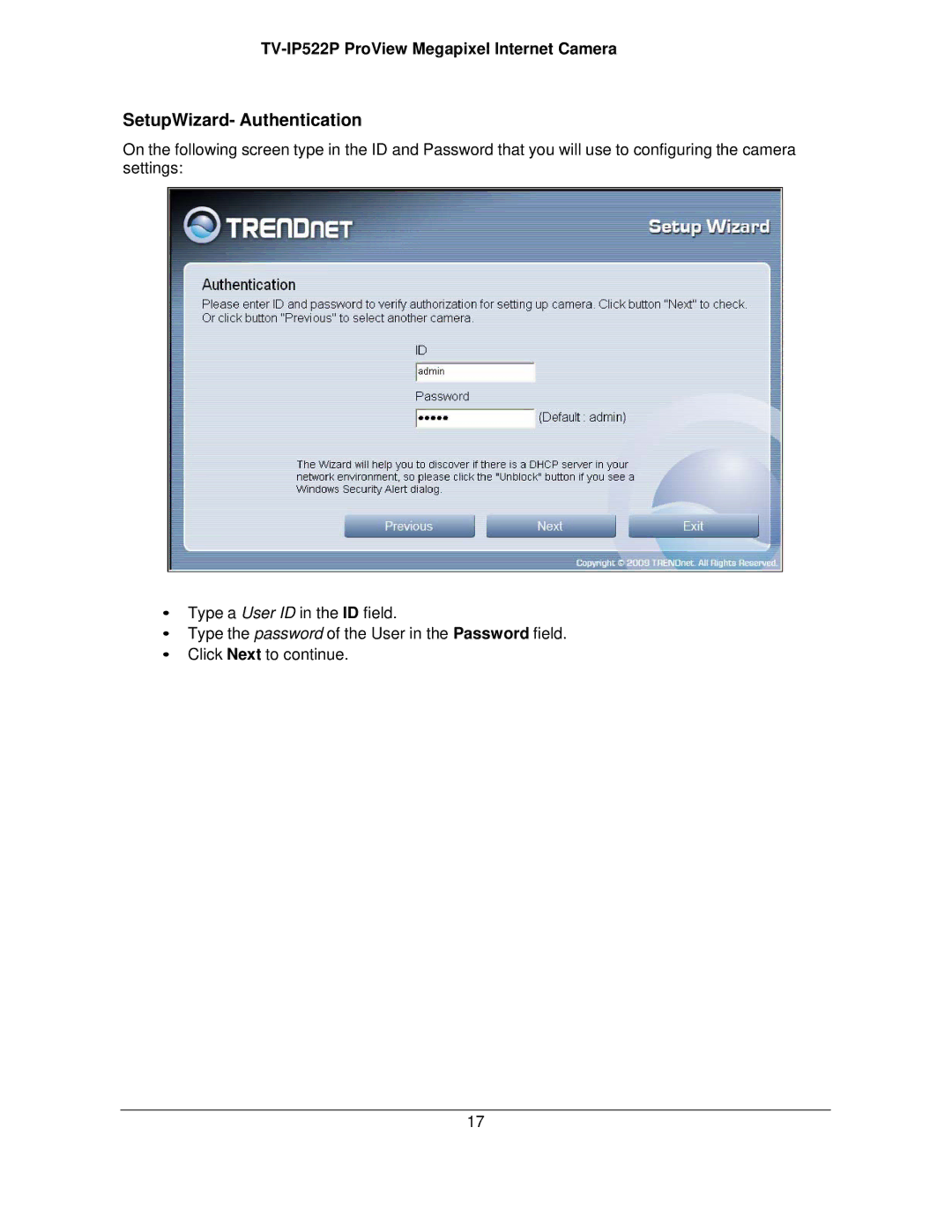 TRENDnet TVIP522P manual SetupWizard- Authentication 