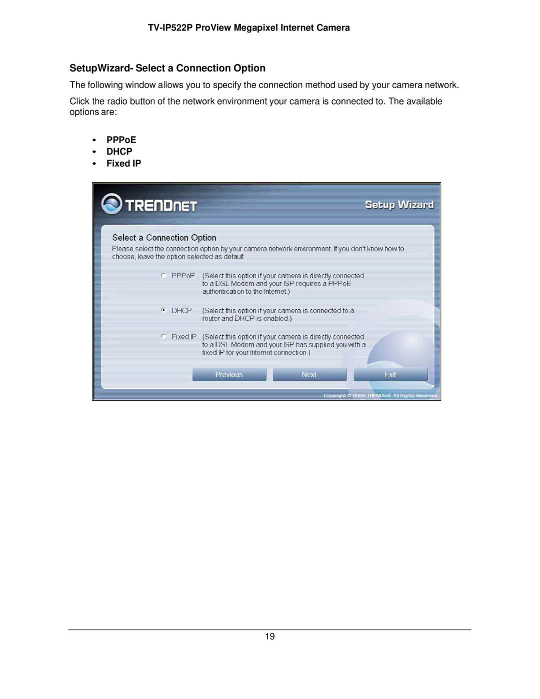 TRENDnet TVIP522P manual SetupWizard- Select a Connection Option, PPPoE, Fixed IP 
