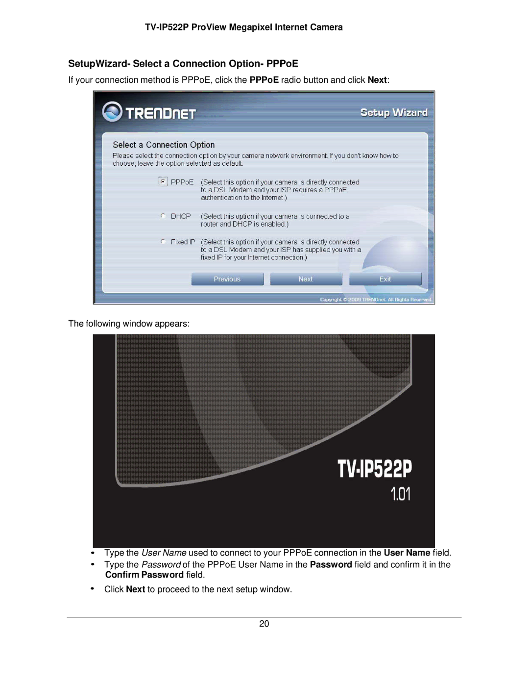 TRENDnet TVIP522P manual SetupWizard- Select a Connection Option- PPPoE 