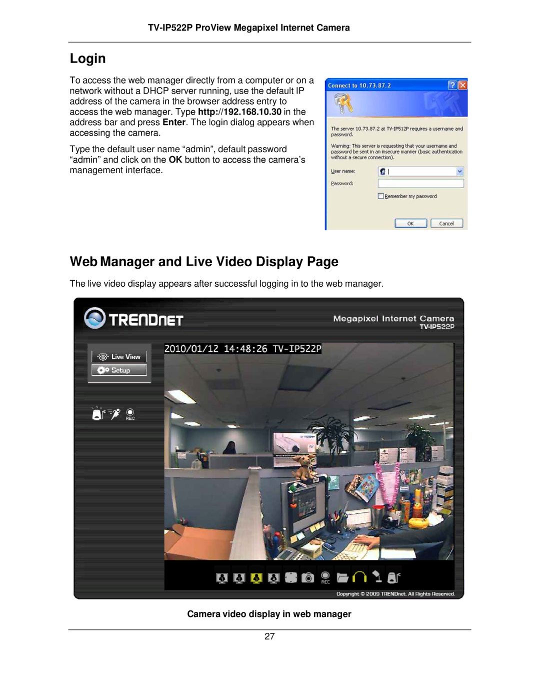 TRENDnet TVIP522P manual Login, Web Manager and Live Video Display, Camera video display in web manager 