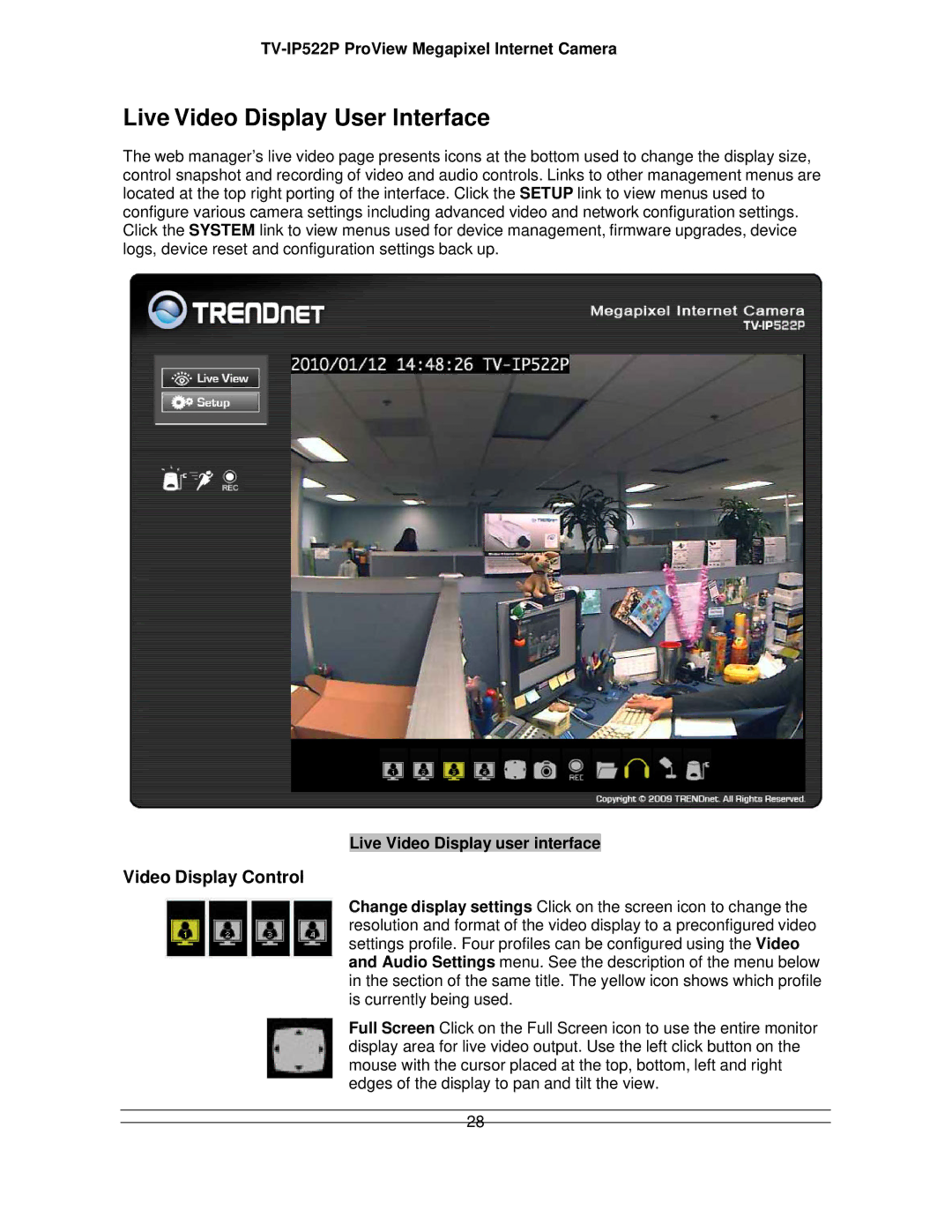 TRENDnet TVIP522P manual Live Video Display User Interface, Video Display Control, Live Video Display user interface 