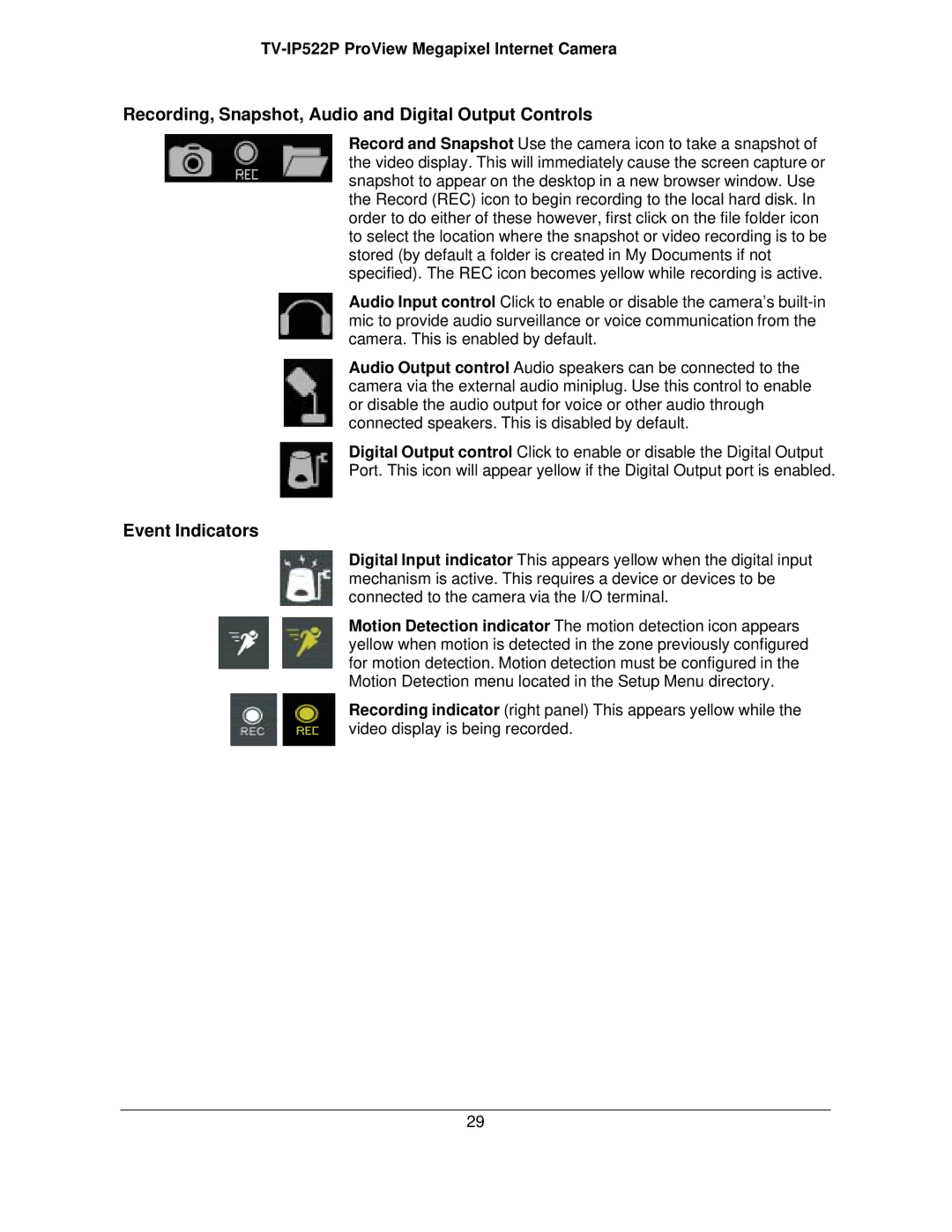 TRENDnet TVIP522P manual Recording, Snapshot, Audio and Digital Output Controls, Event Indicators 