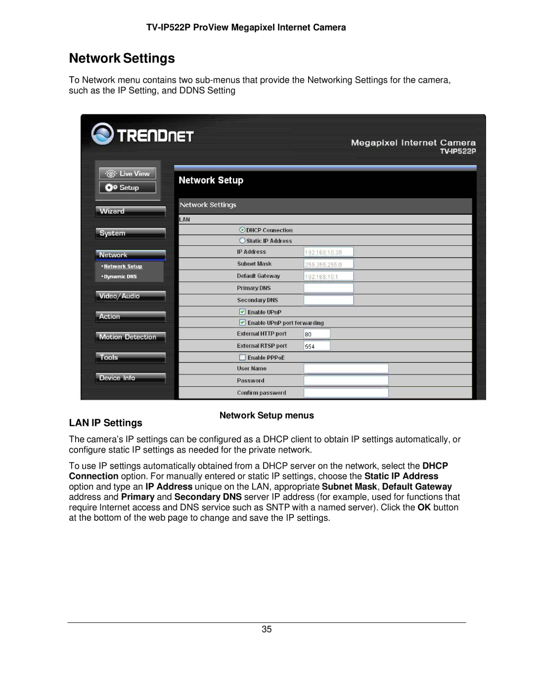 TRENDnet TVIP522P manual Network Settings, LAN IP Settings, Network Setup menus 