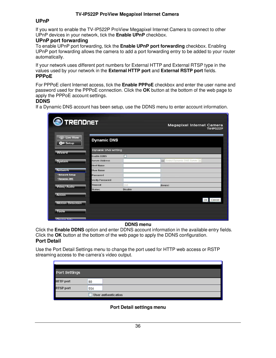 TRENDnet TVIP522P manual UPnP port forwarding, PPPoE, Port Detail 