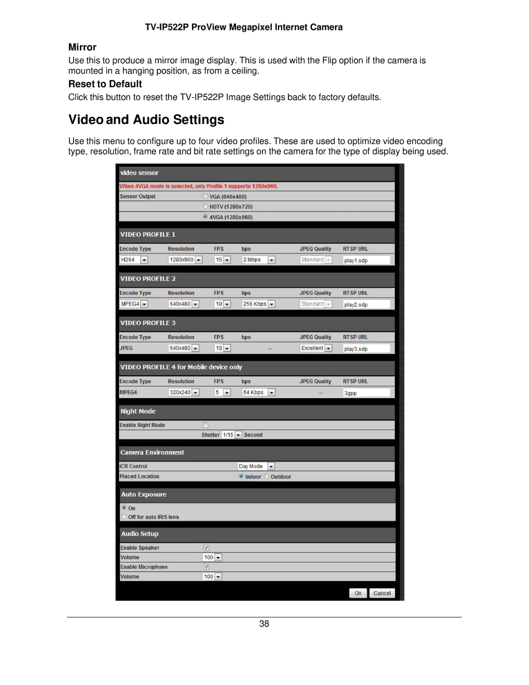 TRENDnet TVIP522P manual Video and Audio Settings, Mirror, Reset to Default 