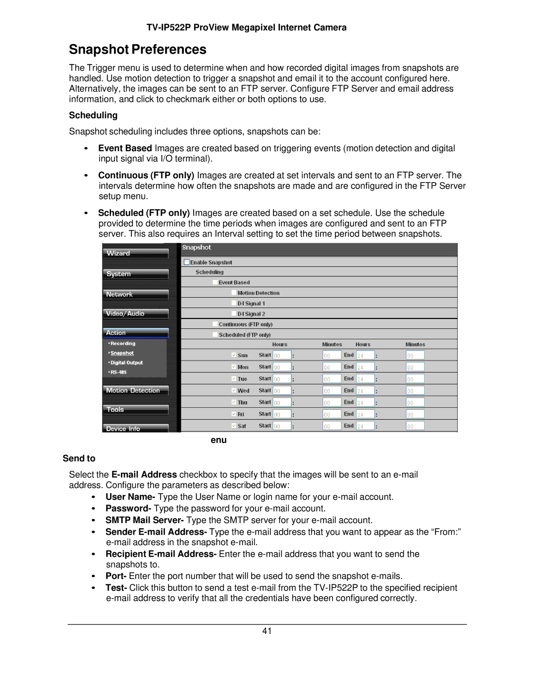 TRENDnet TVIP522P manual Snapshot Preferences, Scheduling, A p s h o t I g g e r Enu Send to 