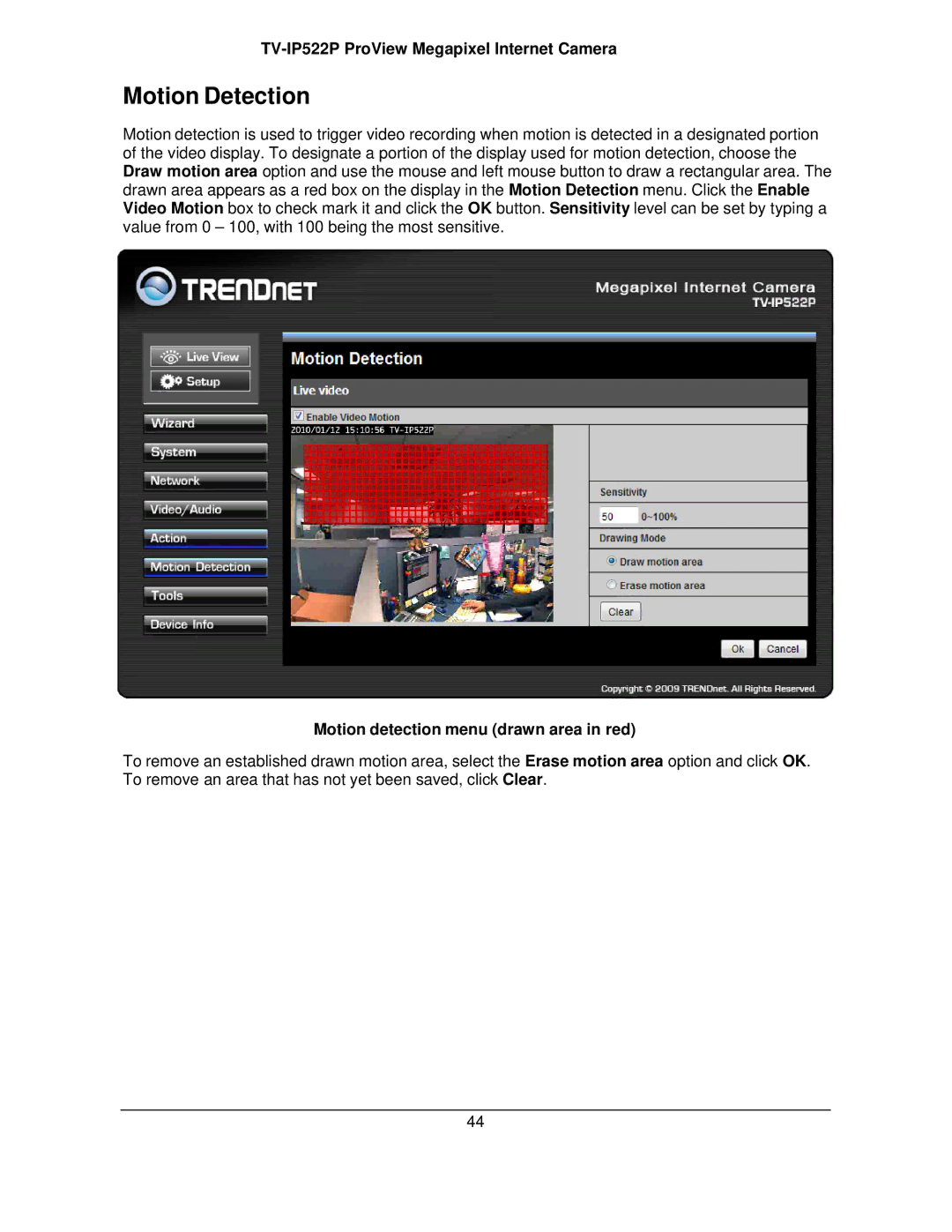 TRENDnet TVIP522P manual Motion Detection, Motion detection menu drawn area in red 