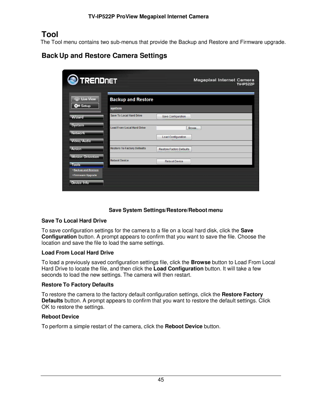 TRENDnet TVIP522P manual Tool, Load From Local Hard Drive, Restore To Factory Defaults, Reboot Device 