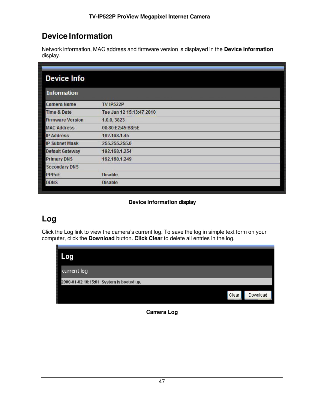 TRENDnet TVIP522P manual Device Information display, Camera Log 