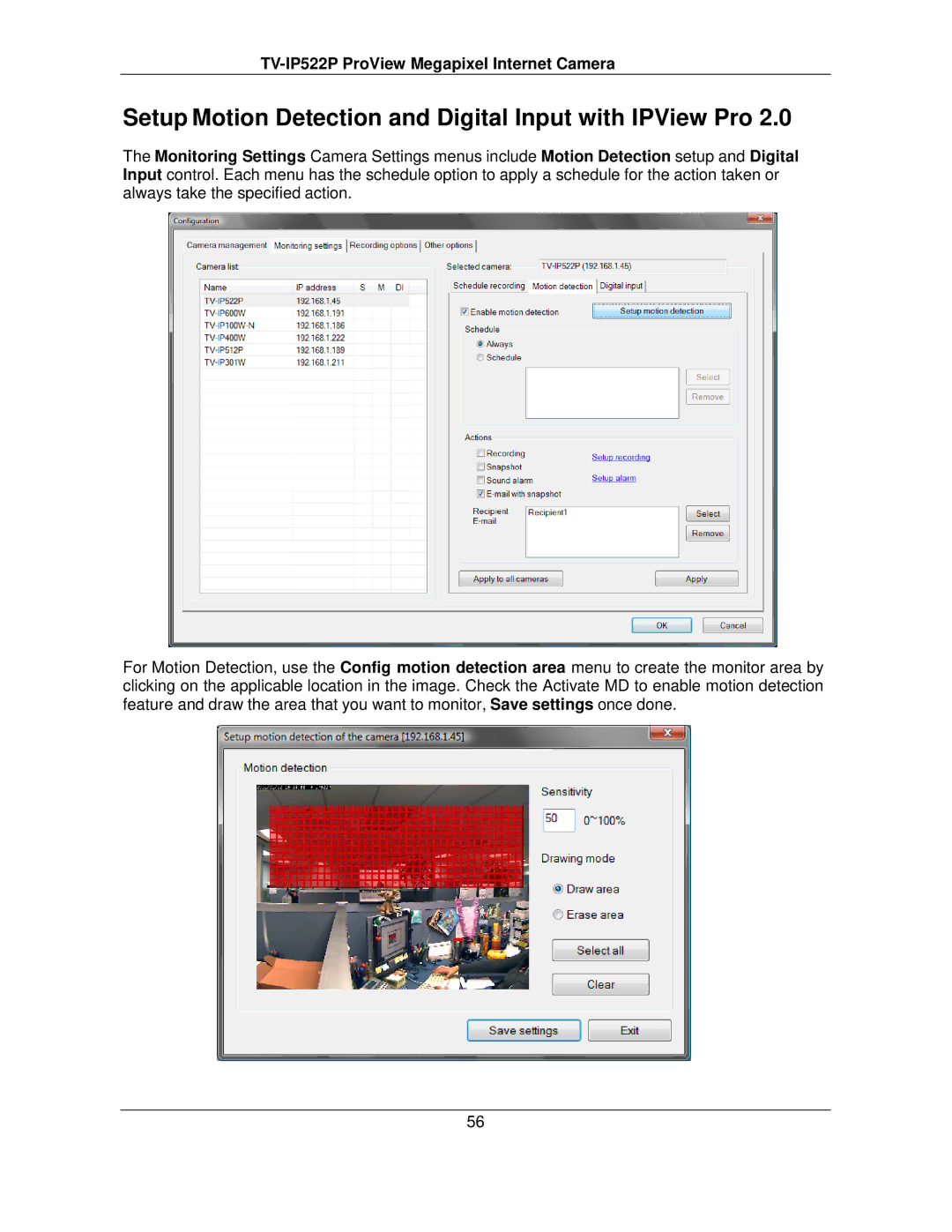 TRENDnet TVIP522P manual Setup Motion Detection and Digital Input with IPView Pro 