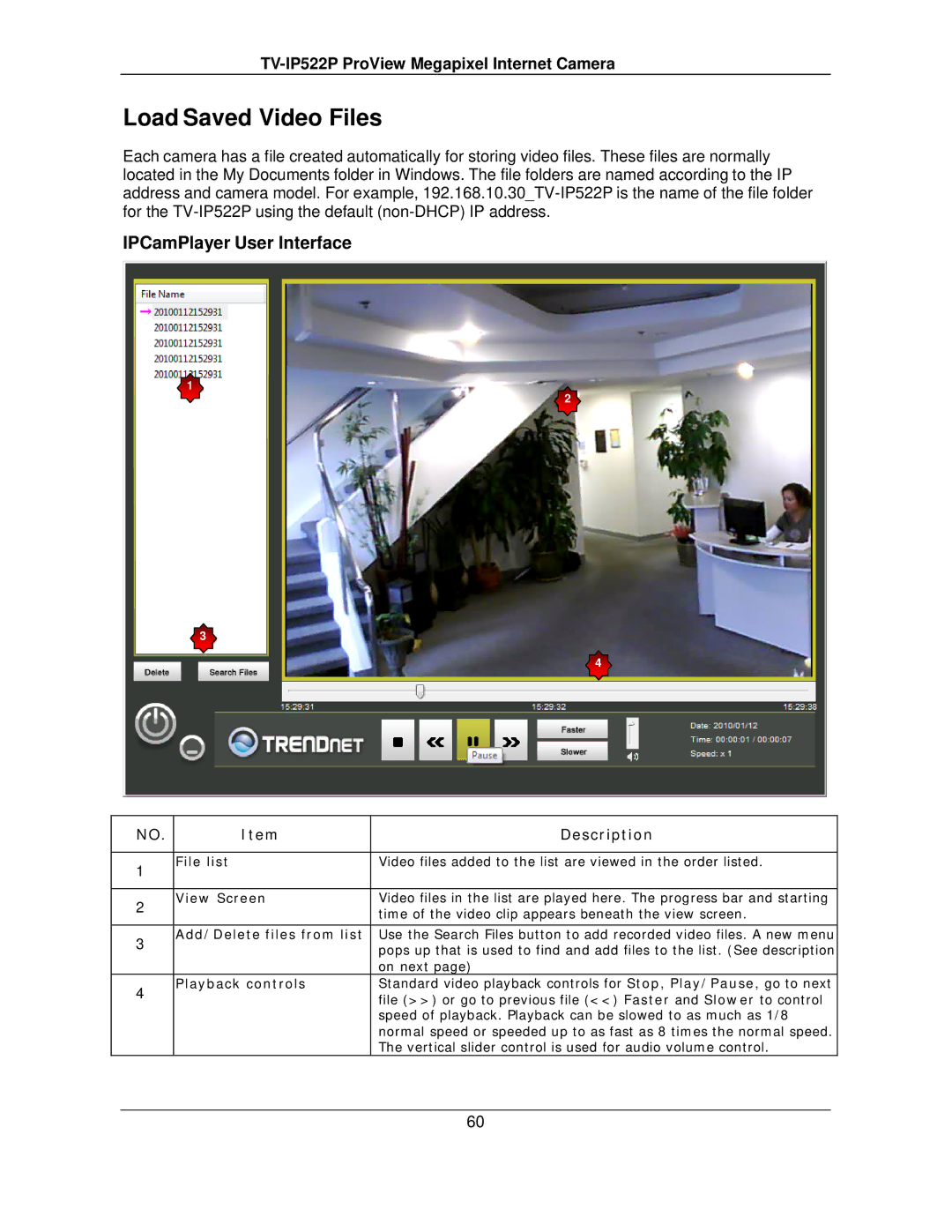 TRENDnet TVIP522P manual Load Saved Video Files, IPCamPlayer User Interface 