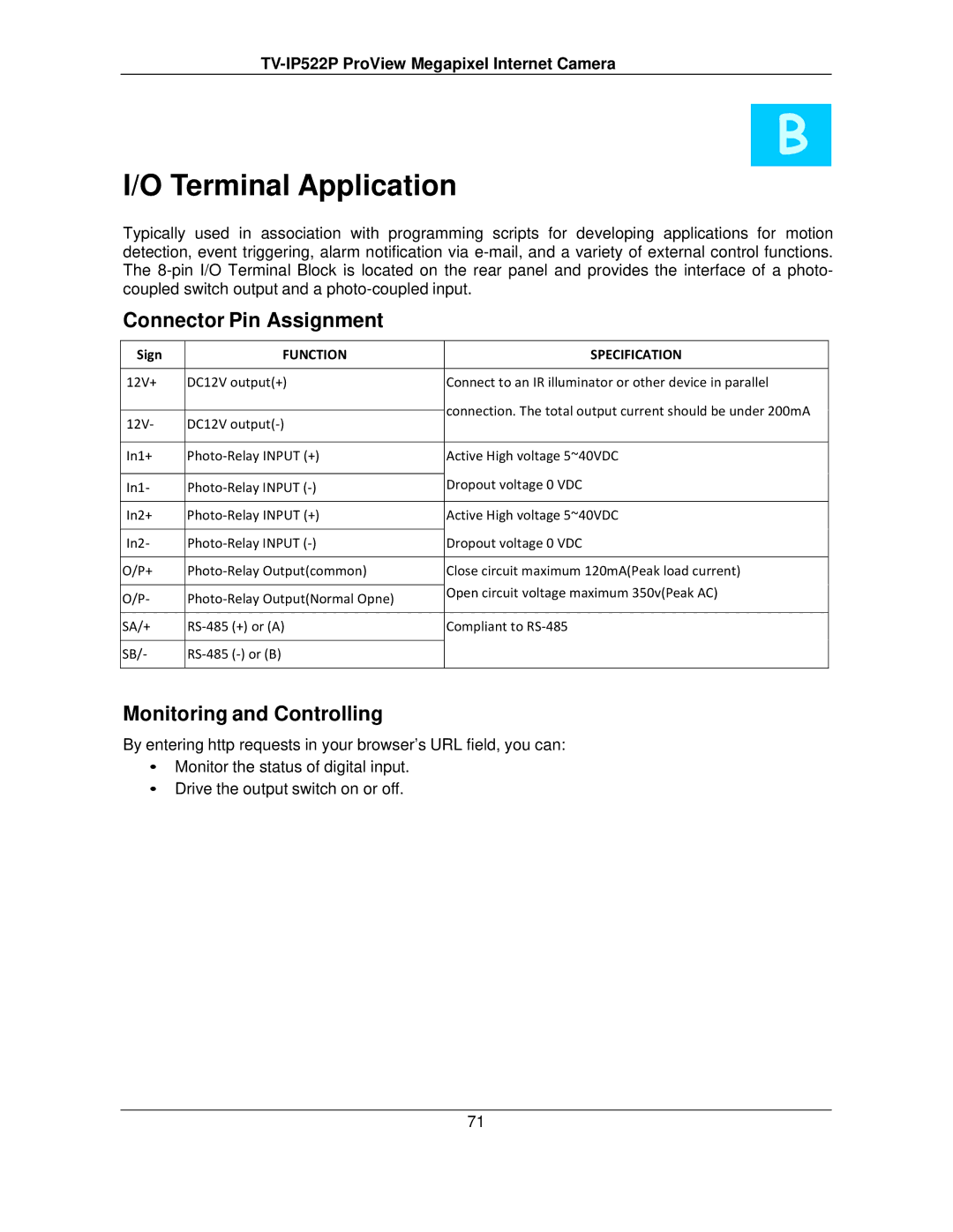 TRENDnet TVIP522P manual Terminal Application, Connector Pin Assignment 