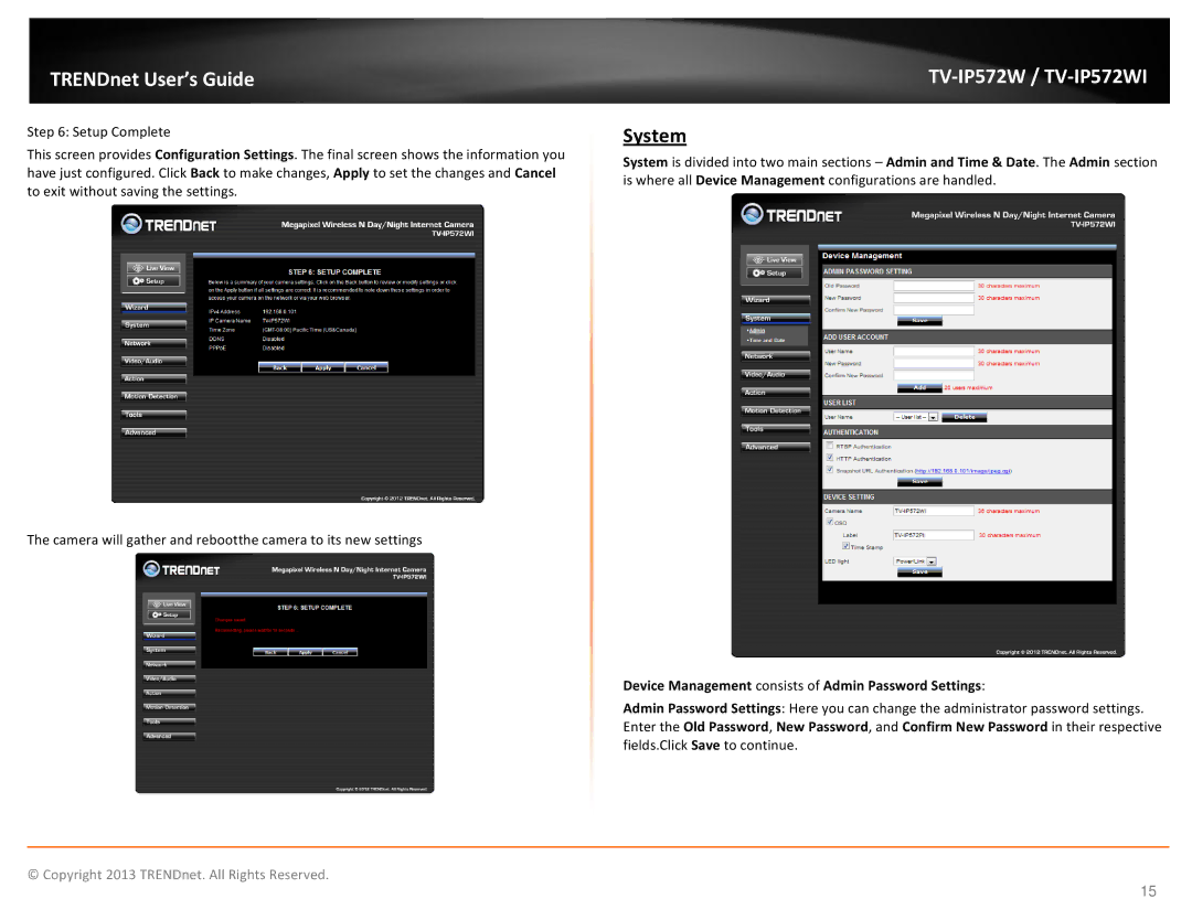 TRENDnet TVIP572W manual System, Device Management consists of Admin Password Settings 