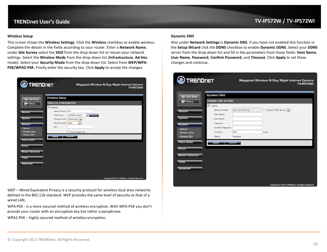 TRENDnet TVIP572W manual Wireless Setup, Dynamic DNS 