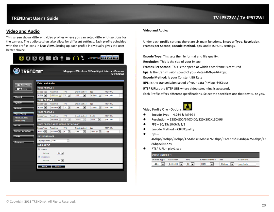 TRENDnet TVIP572W manual Video and Audio 