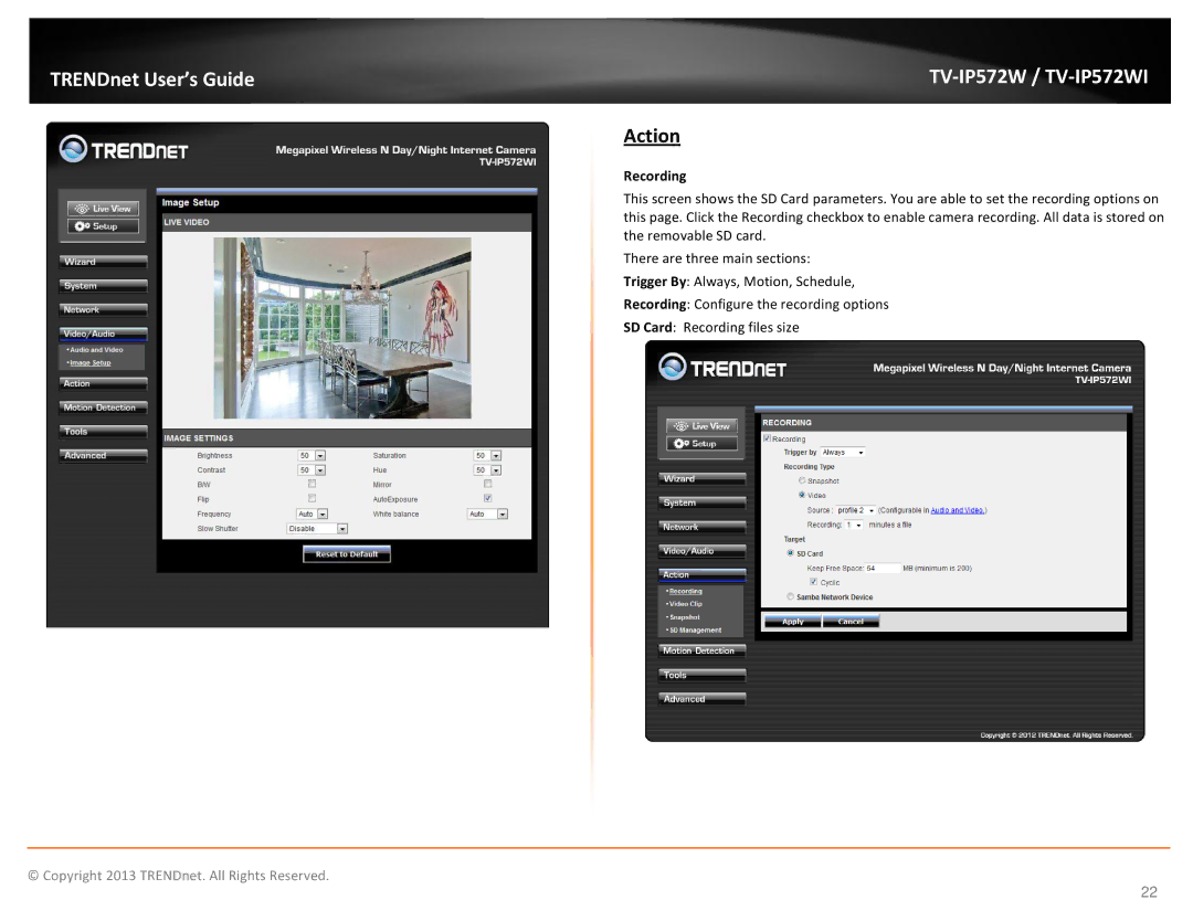 TRENDnet TVIP572W manual Action, Recording 