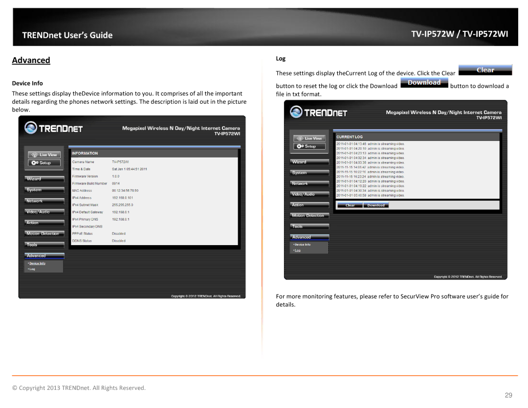 TRENDnet TVIP572W manual Advanced, Device Info, Log 
