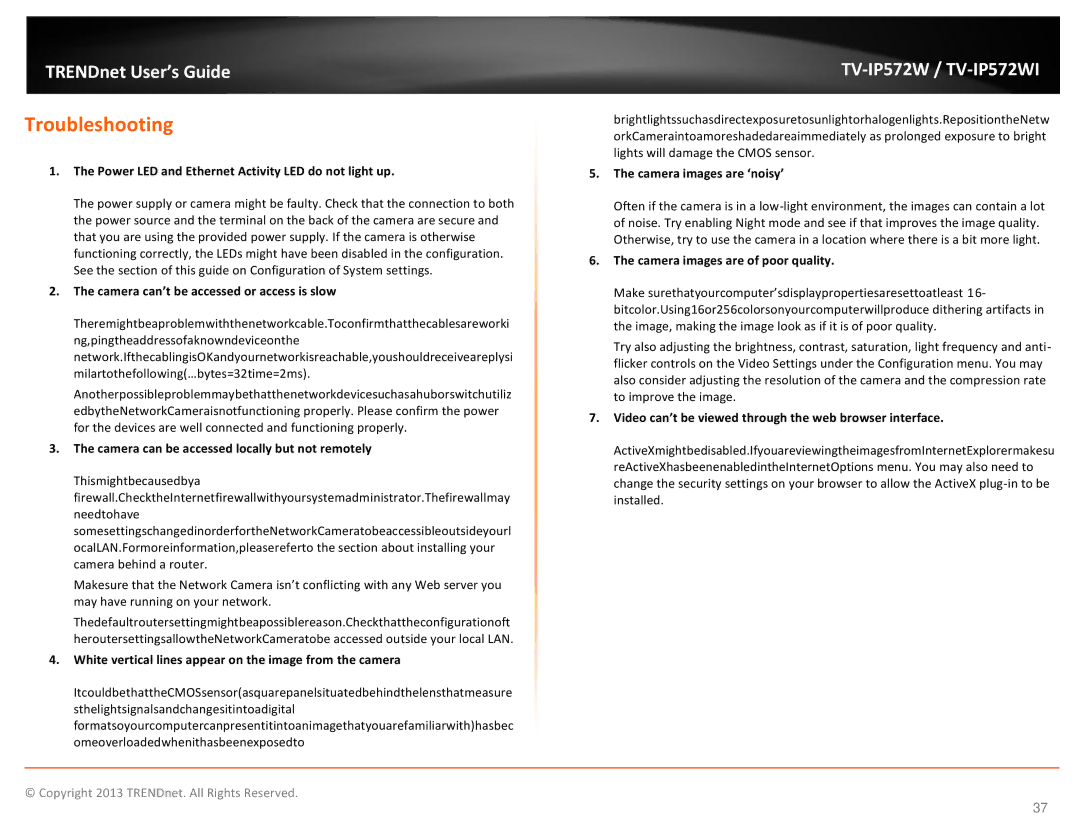 TRENDnet TVIP572W manual Troubleshooting 