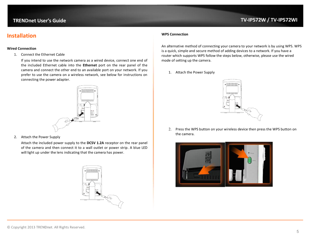 TRENDnet TVIP572W manual Installation, Wired Connection, WPS Connection 