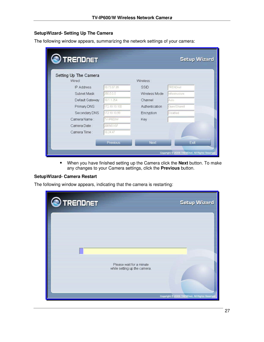 TRENDnet TVIP600 manual SetupWizard- Camera Restart 