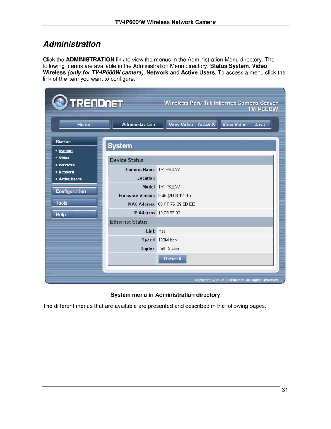 TRENDnet TVIP600 manual System menu in Administration directory 