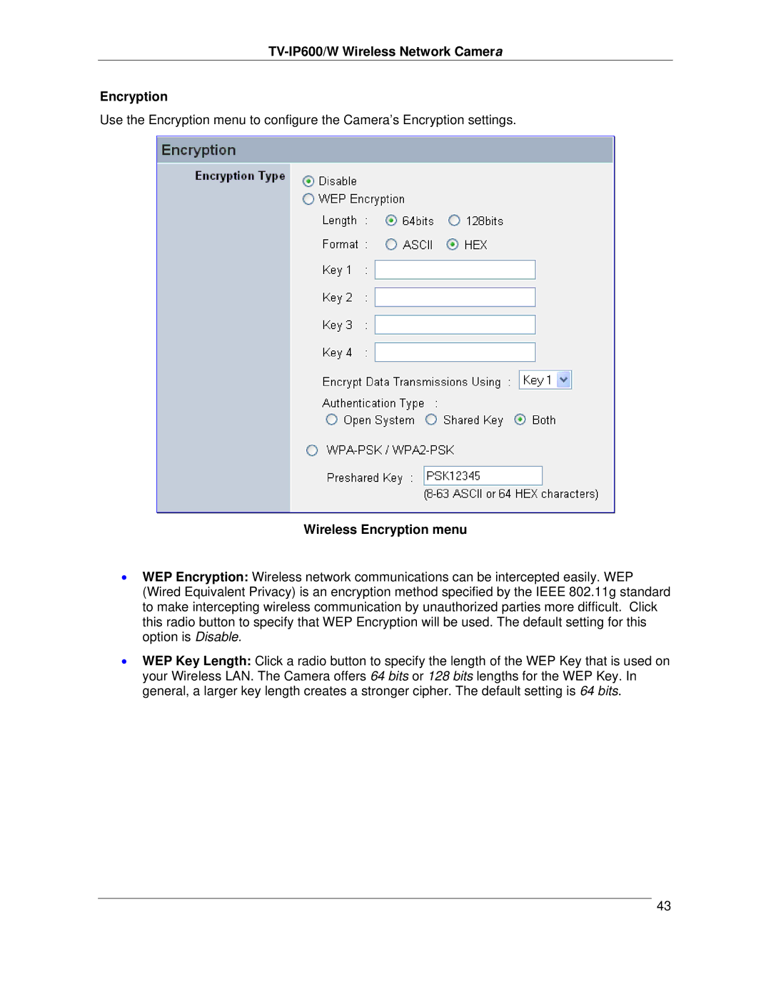 TRENDnet TVIP600 manual TV-IP600/W Wireless Network Camera Encryption, Wireless Encryption menu 