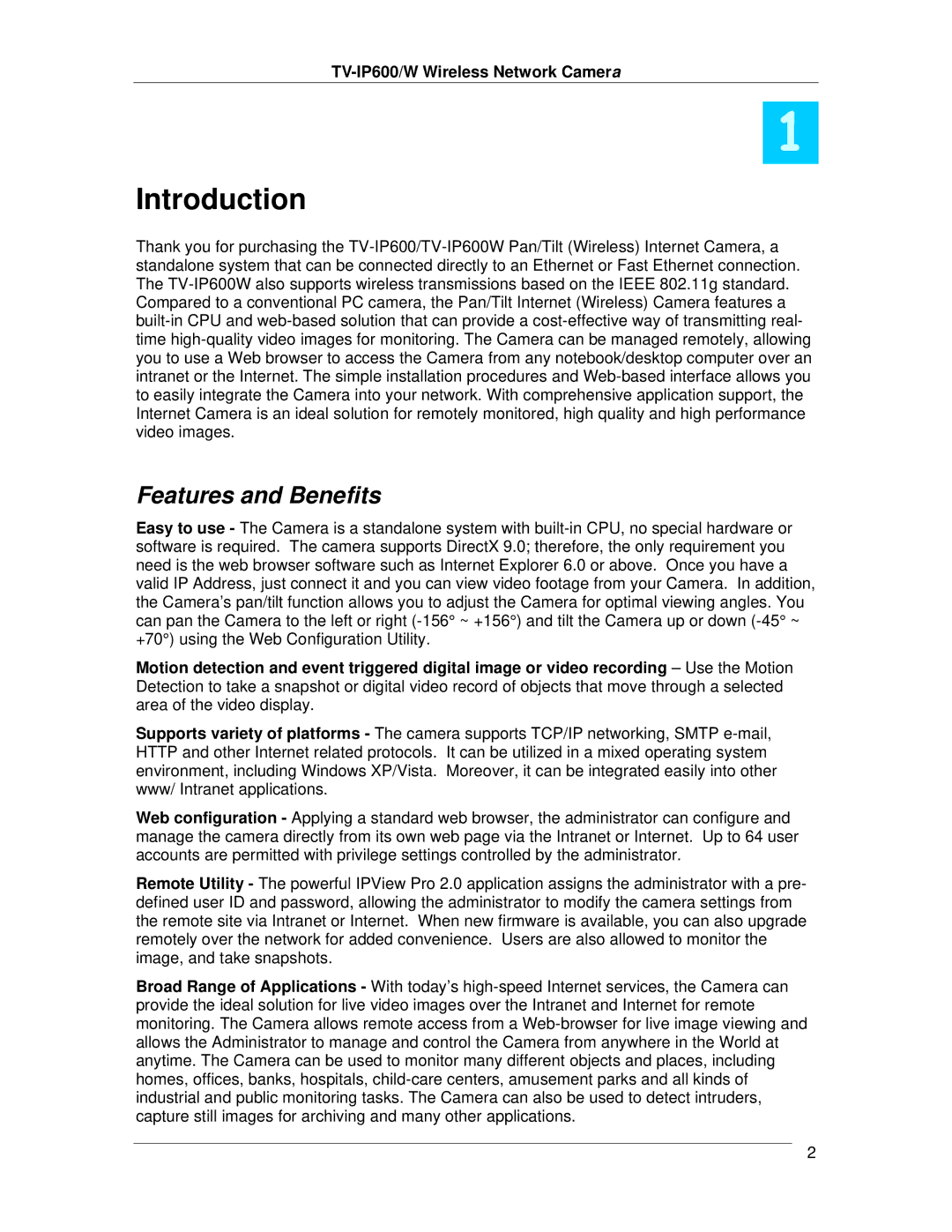 TRENDnet TVIP600 manual Introduction, Features and Benefits 