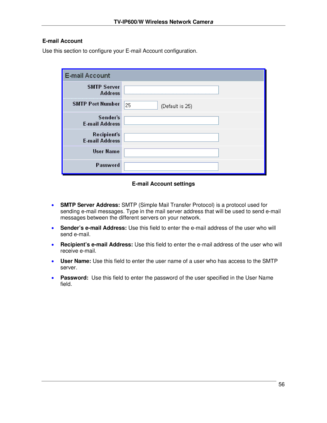 TRENDnet TVIP600 manual TV-IP600/W Wireless Network Camera Mail Account, Mail Account settings 
