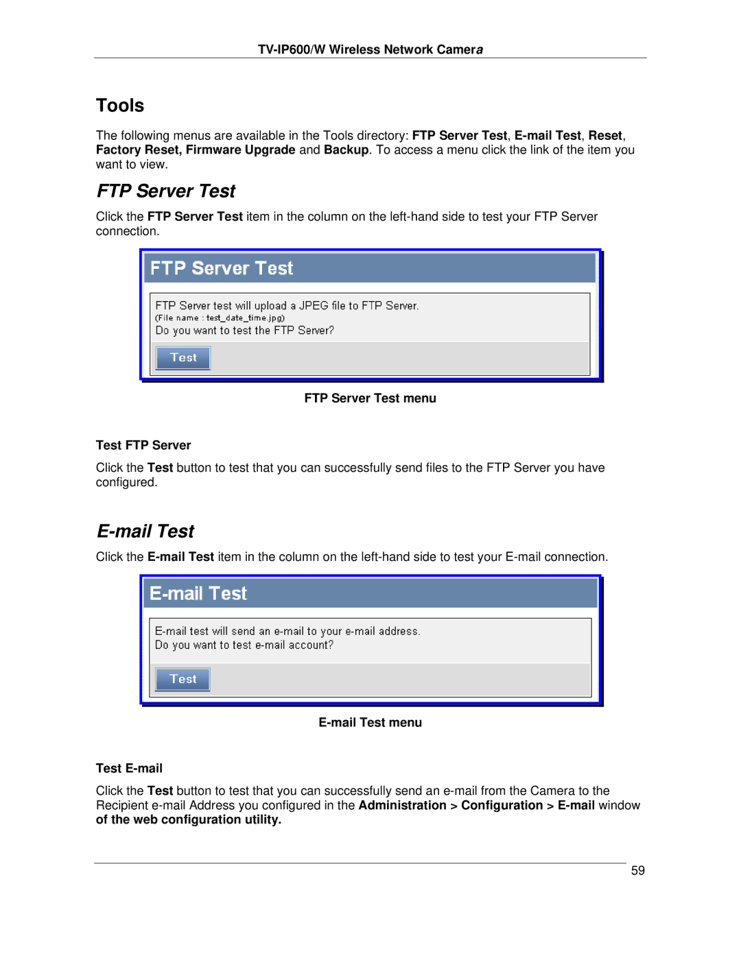 TRENDnet TVIP600 manual FTP Server Test menu Test FTP Server, Mail Test menu Test E-mail 