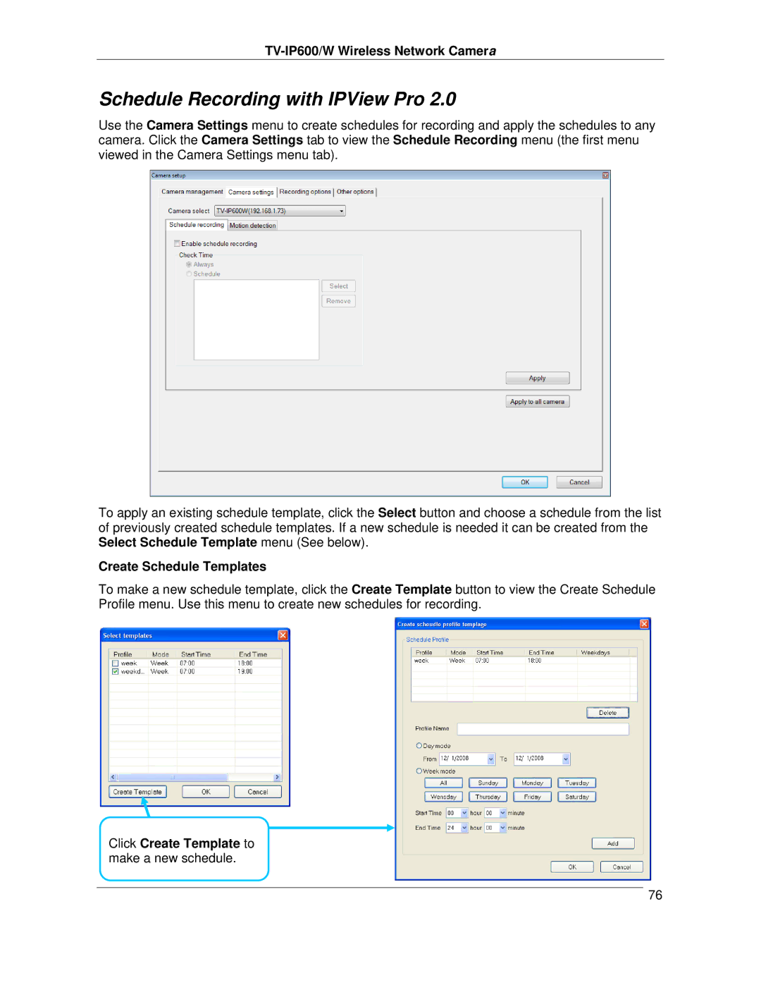 TRENDnet TVIP600 manual Schedule Recording with IPView Pro, Create Schedule Templates 